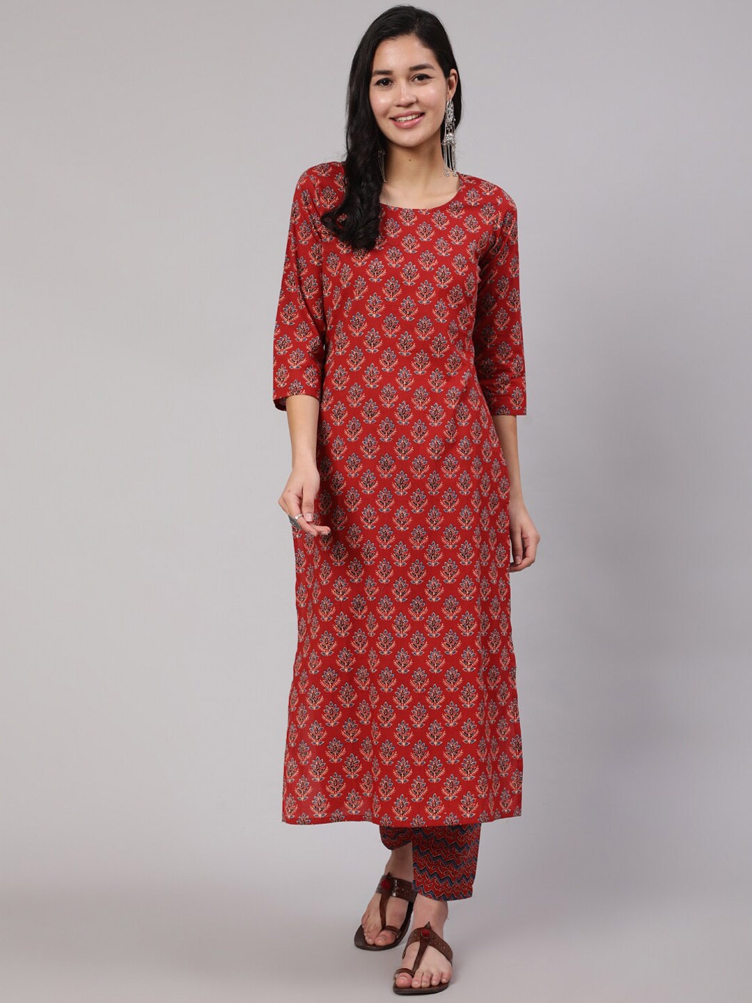 

Nayo Women Ethnic Motifs Printed Pure Cotton Kurta with Trousers, Maroon