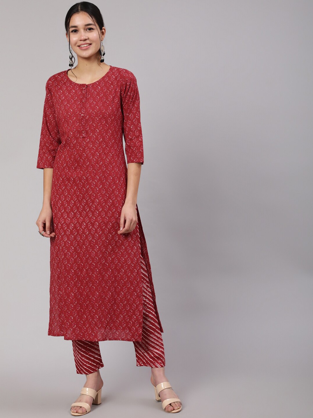 

Nayo Women Ethnic Motifs Printed Pure Cotton Kurta with Trousers, Burgundy