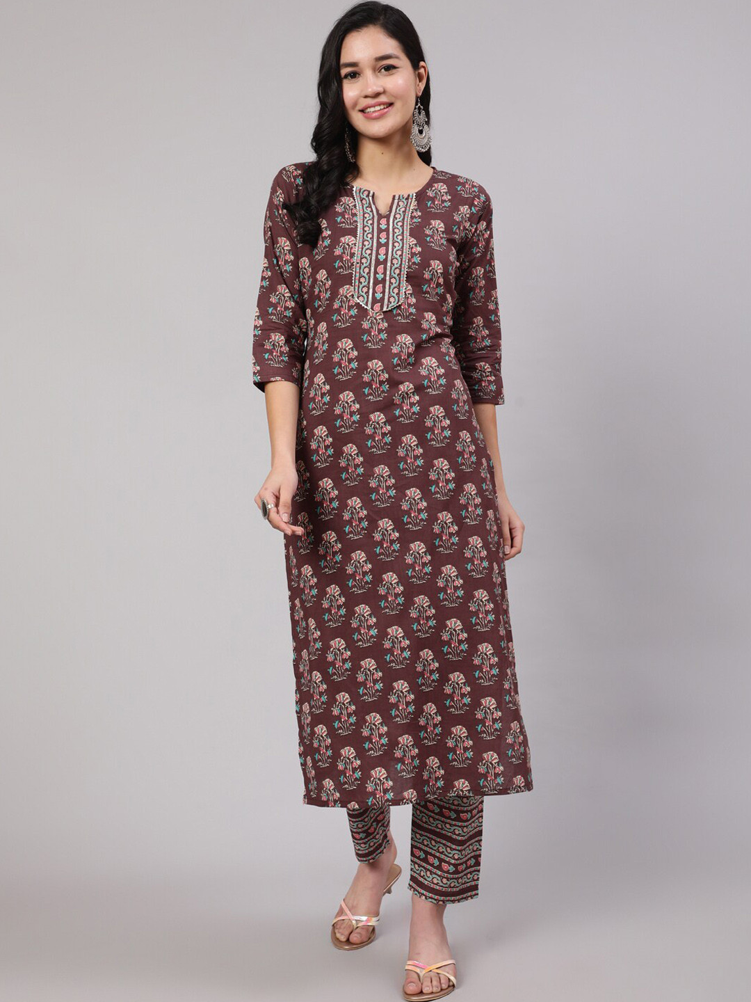 

Nayo Women Ethnic Motifs Printed Pure Cotton Kurta with Trousers, Brown