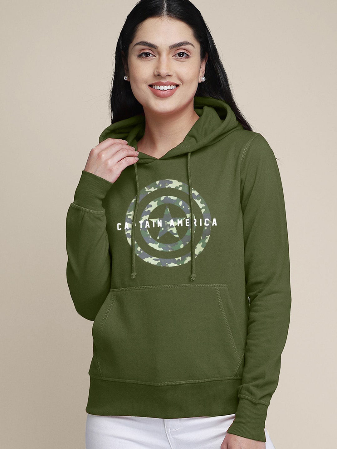 

Free Authority Captain America Printed Hoodie For Women, Olive