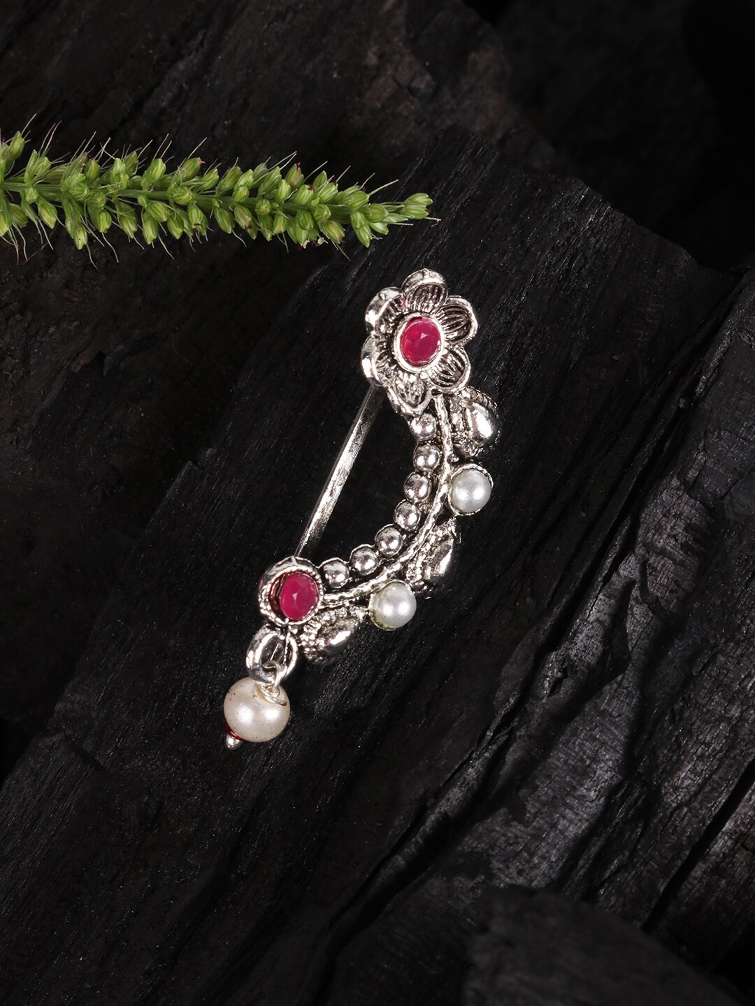 

JEWELS GEHNA Oxidised Sliver-Plated & CZ Studded Maharashtrian Nath, Red