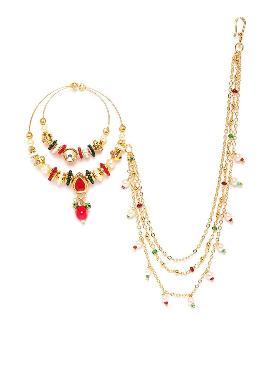

JEWELS GEHNA Gold-Plated CZ-Studded & Beaded Chained Nose Ring