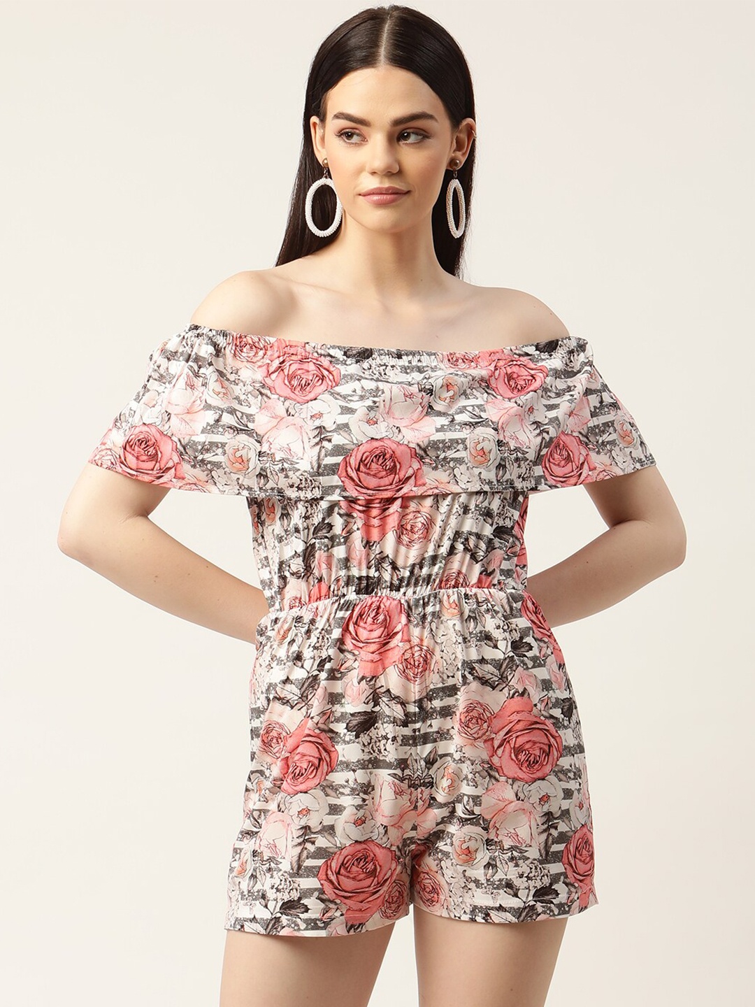 

Sleek Italia Off-Shoulder Floral Printed Basic Jumpsuit, White