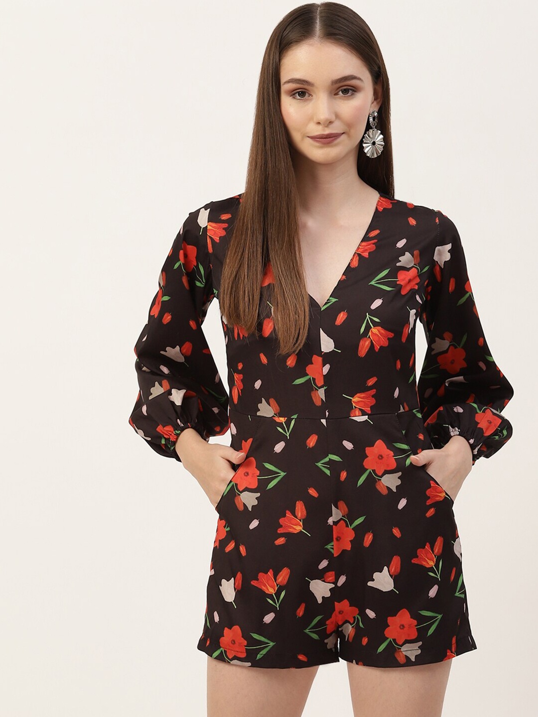 

Sleek Italia Printed V-Neck Jumpsuit, Black