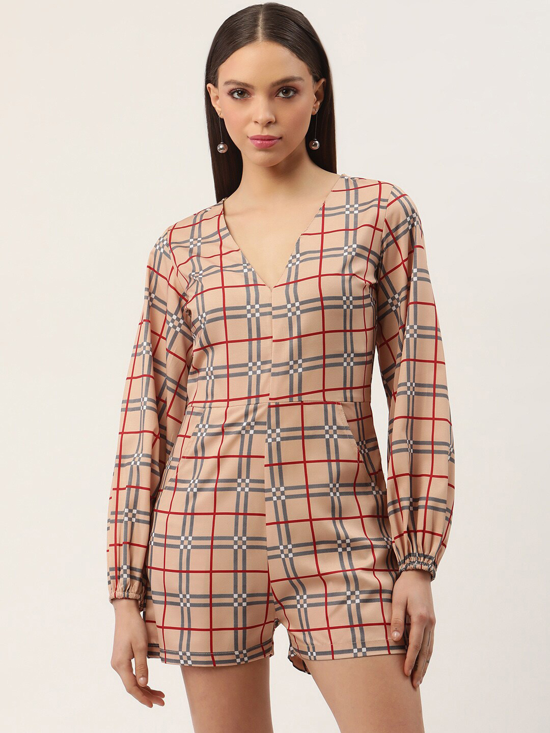

Sleek Italia Checked V-Neck Jumpsuit, Beige
