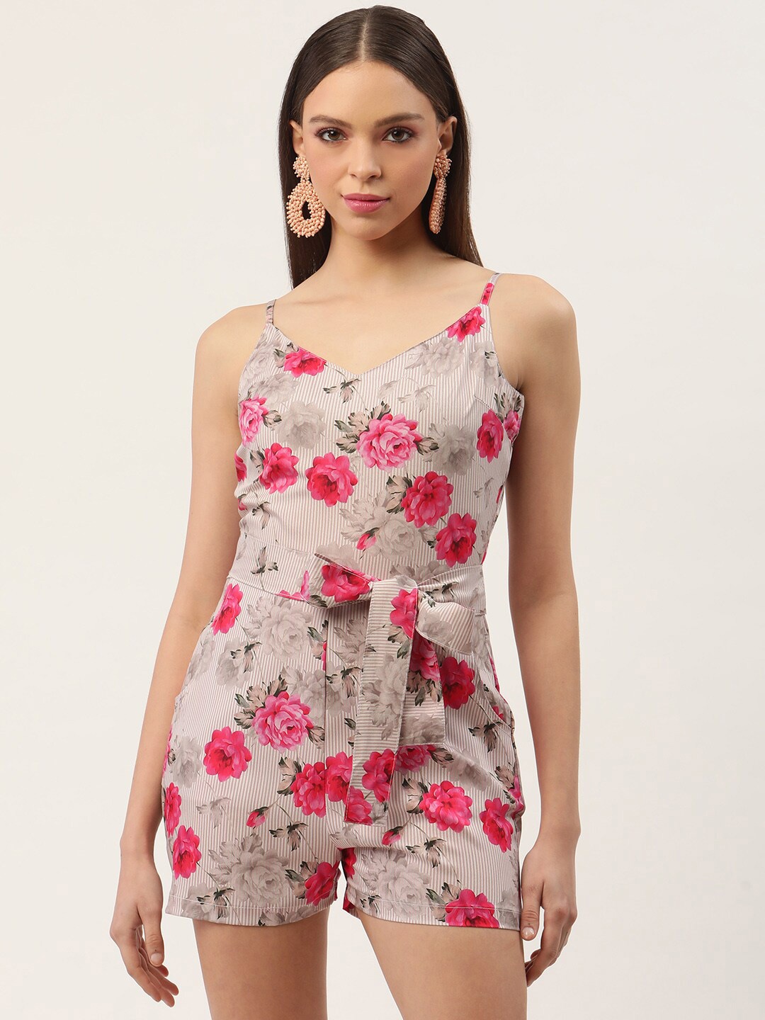 

Sleek Italia Printed Shoulder Straps Jumpsuit, Beige