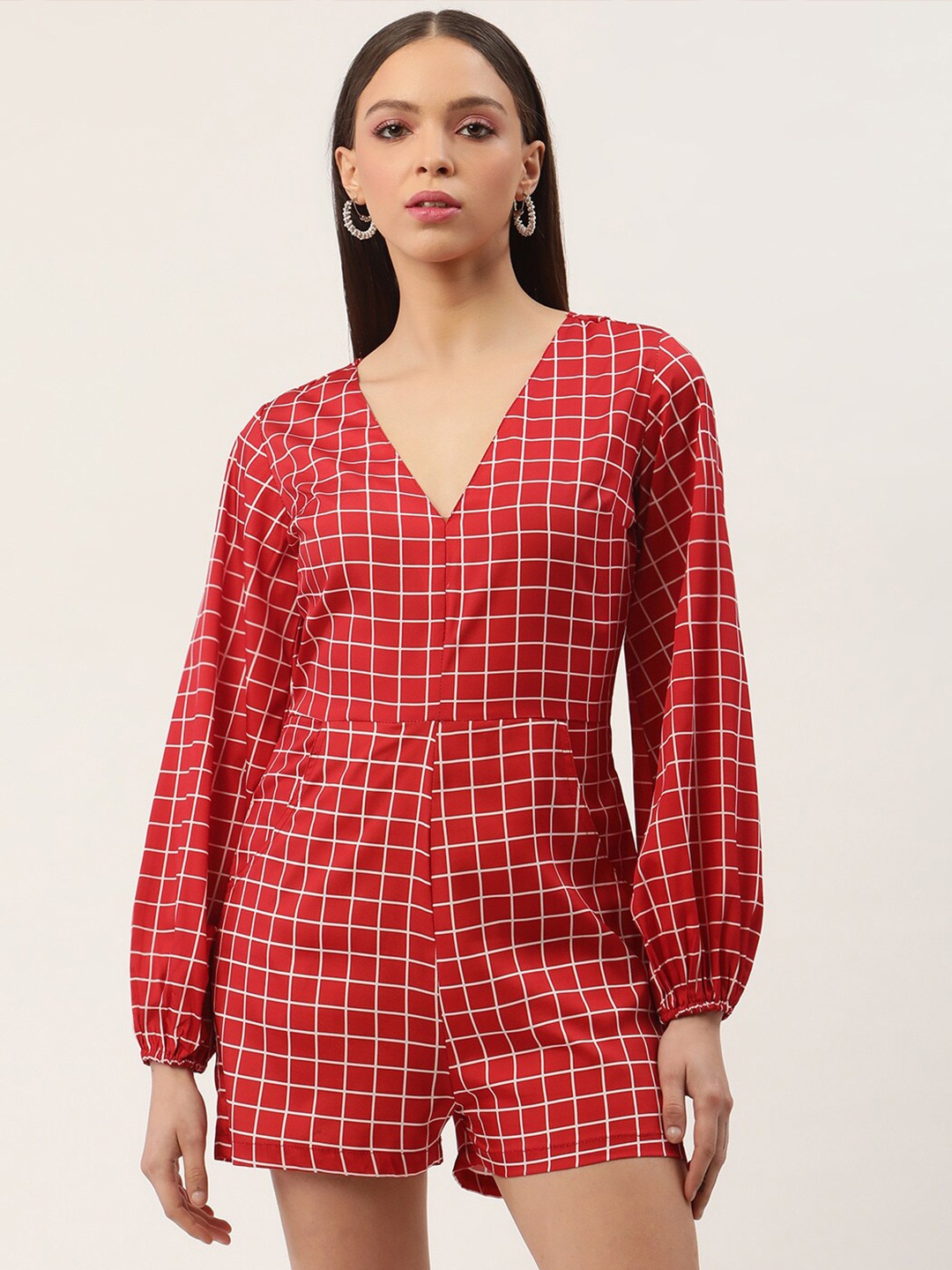 

Sleek Italia Long Sleeves Checked Jumpsuit, Red