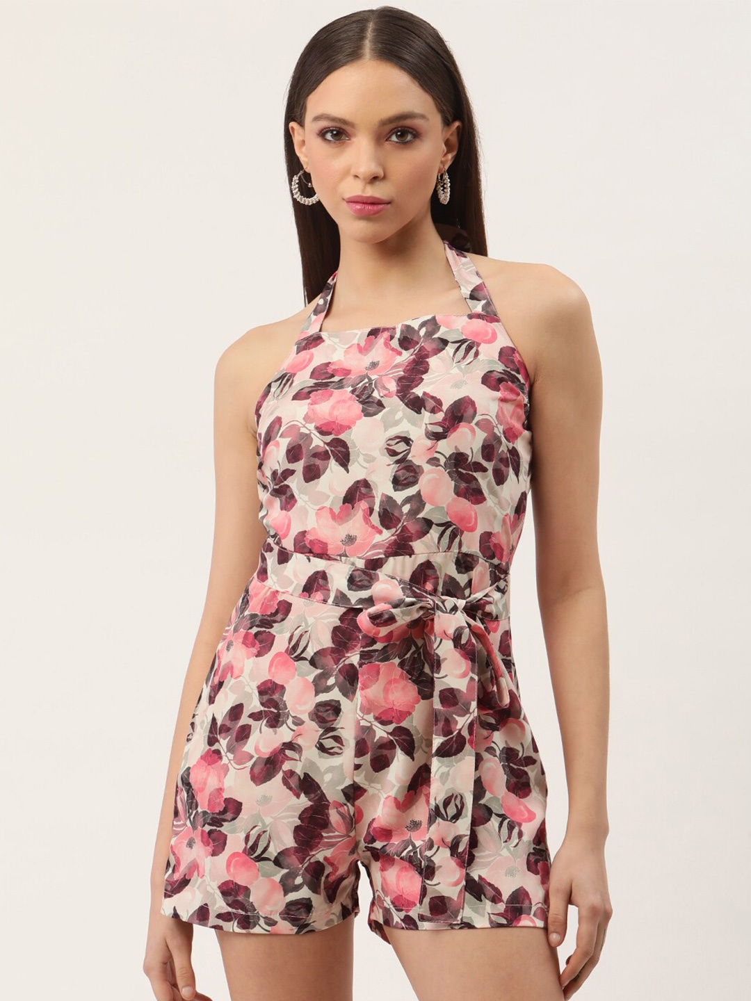 

Sleek Italia Halter Neck Printed Basic Jumpsuit, Beige