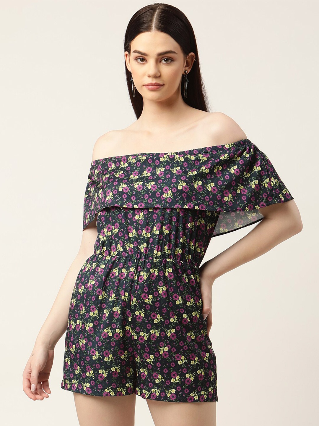 

Sleek Italia Off-Shoulder Floral Printed Jumpsuit, Navy blue