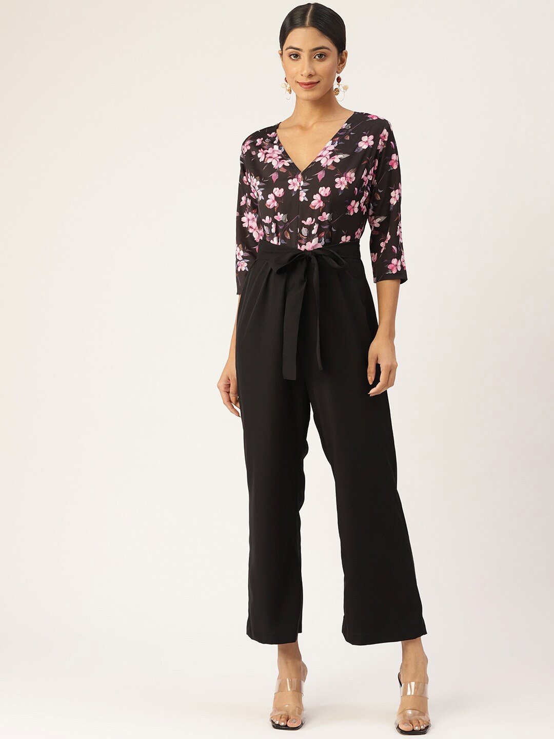 

Sleek Italia Printed Waist Tie-Ups Basic Jumpsuit, Black