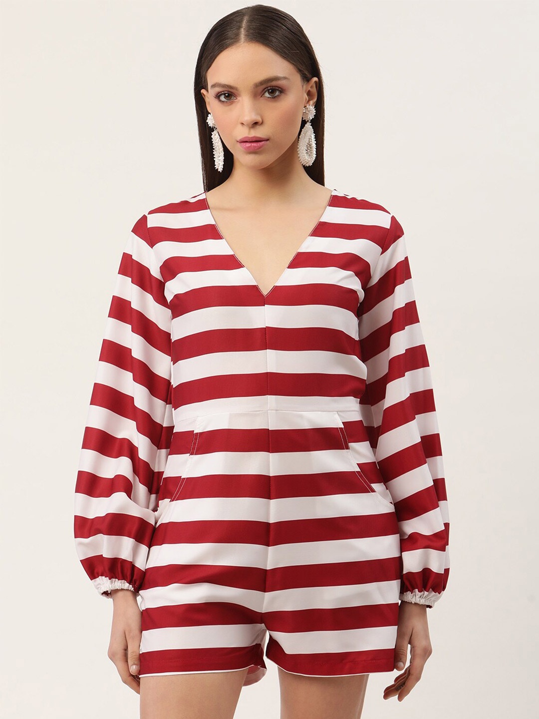 

Sleek Italia Striped V-Neck Jumpsuit, Maroon