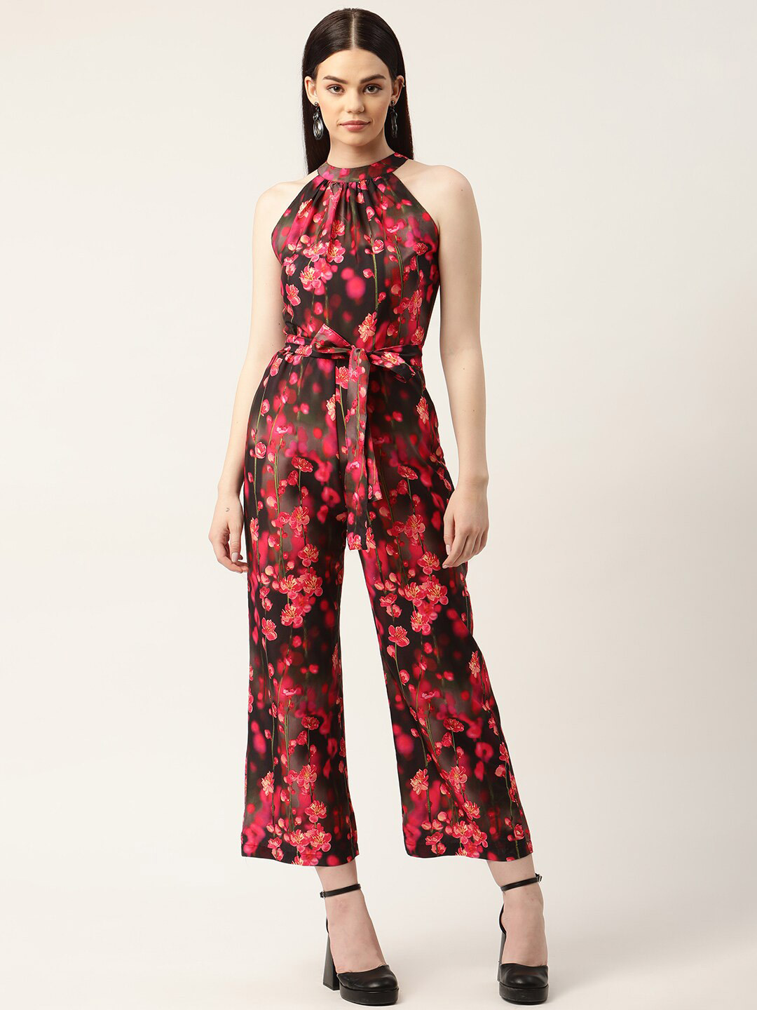 

Sleek Italia Halter Neck Printed Basic Jumpsuit, Black