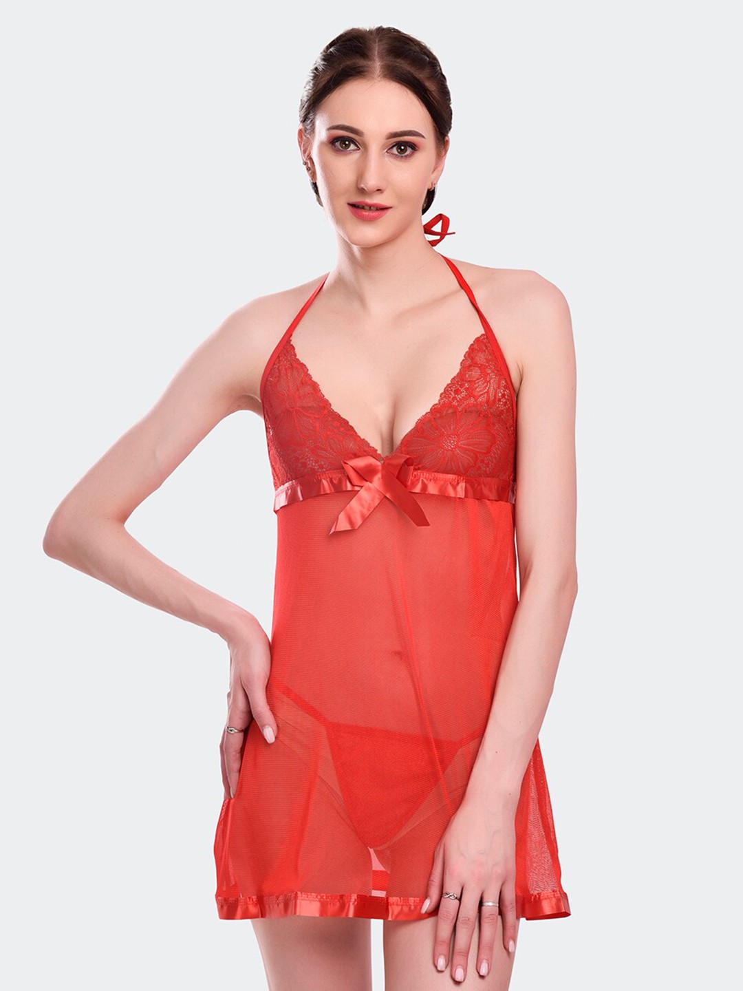

Fleurt Halter Neck Nylon Baby Doll, Red