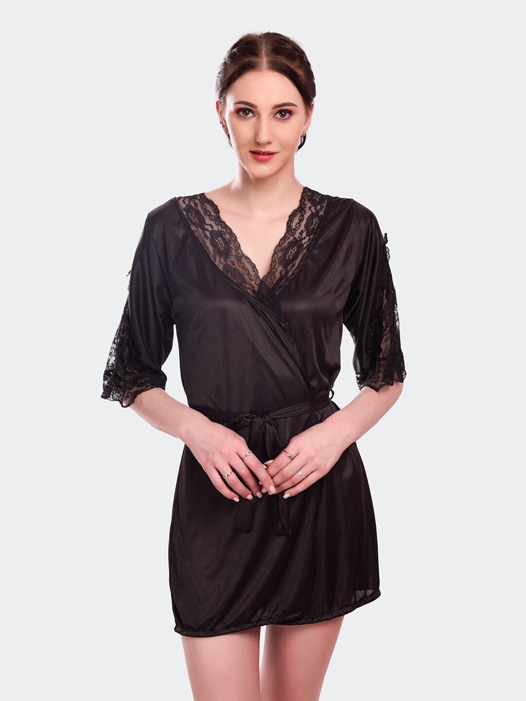 

Fleurt V-Neck Satin Baby Doll, Black