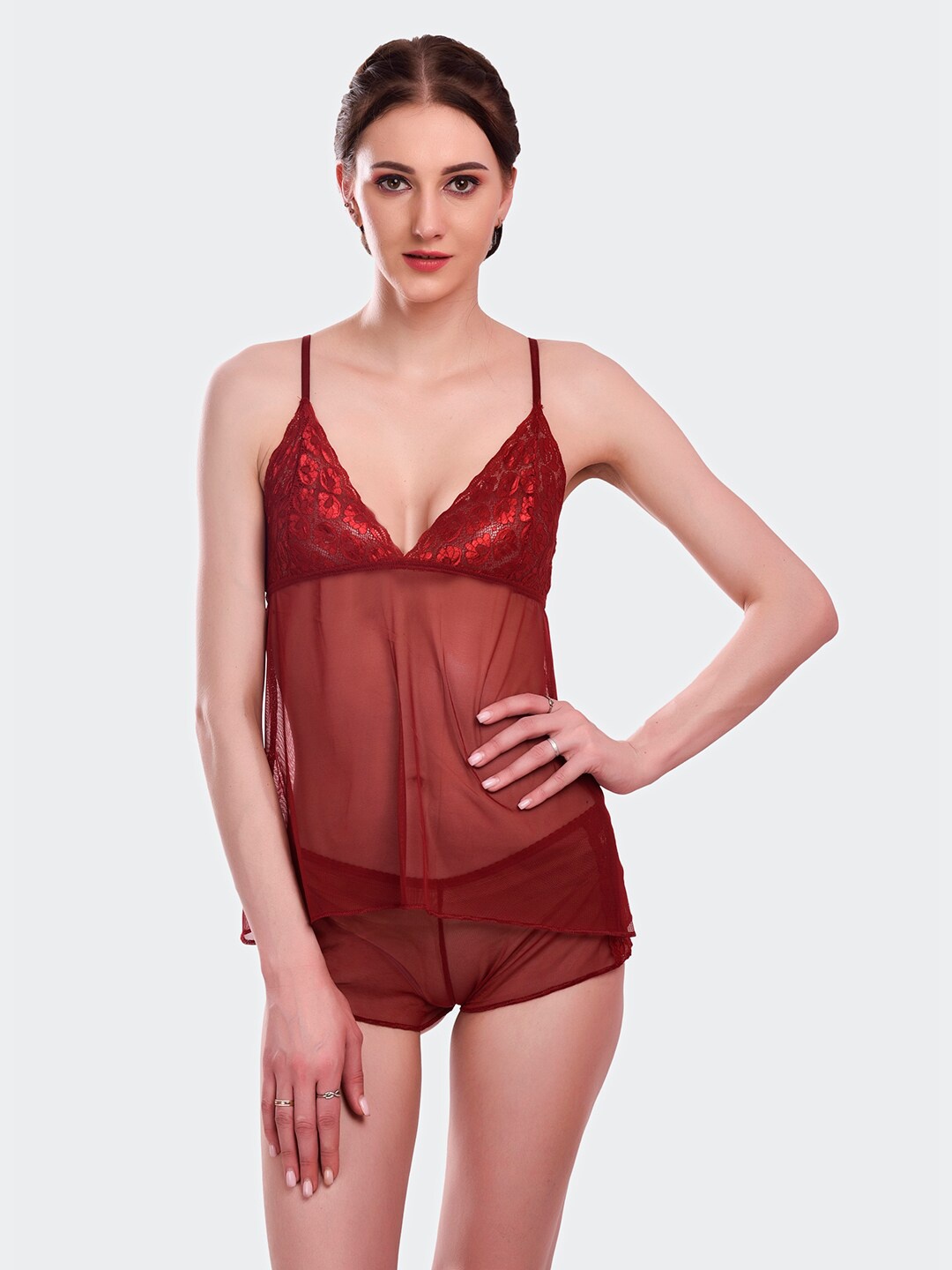 

Fleurt Self Design Shoulder Straps Baby Doll, Maroon