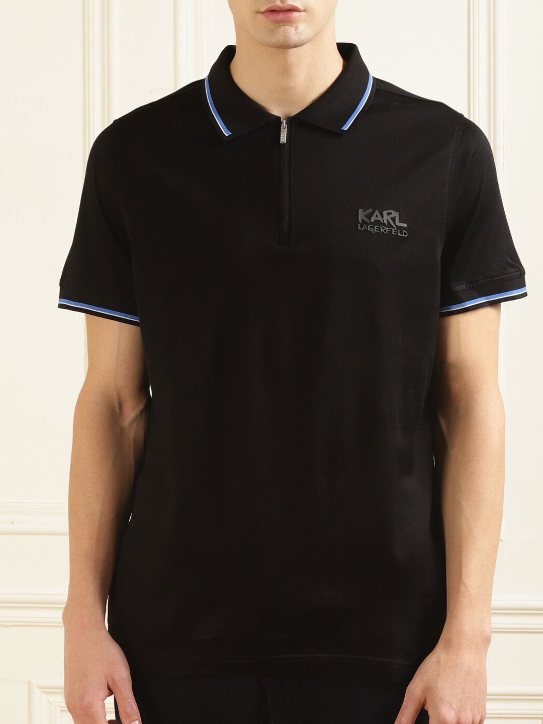 

Karl Lagerfeld Men Polo Collar Cotton T-shirt, Black