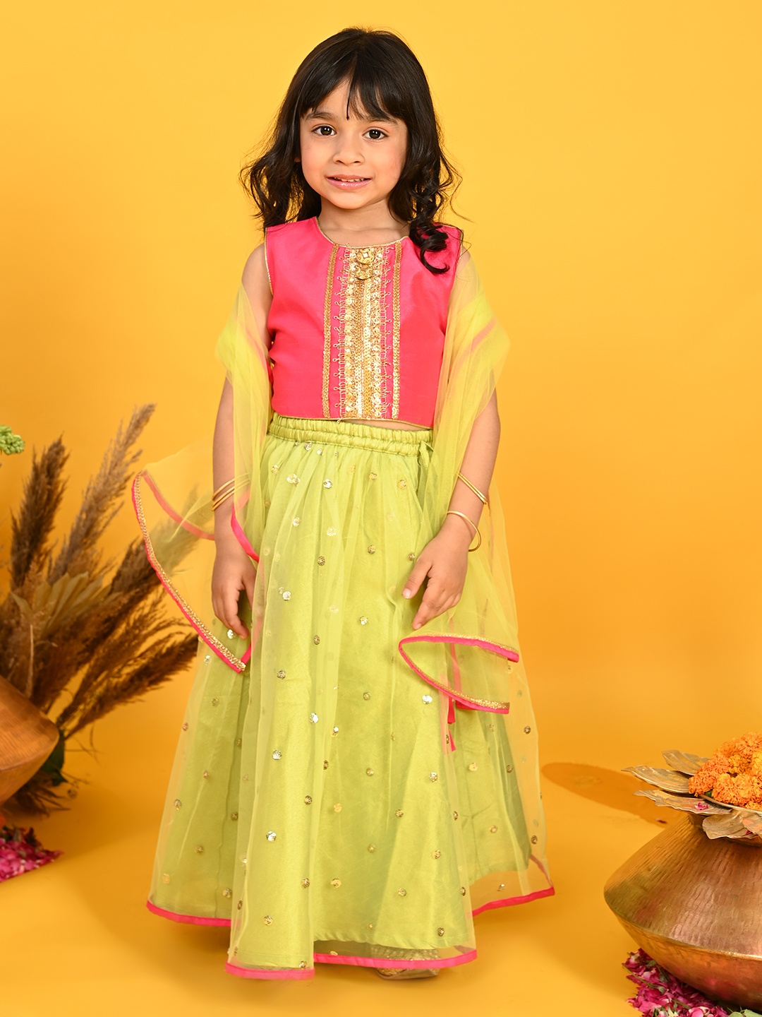 

SAKA DESIGNS Girls Fluorescent Green & Pink Embellished Sequinned Ready to Wear Lehenga & Blouse With