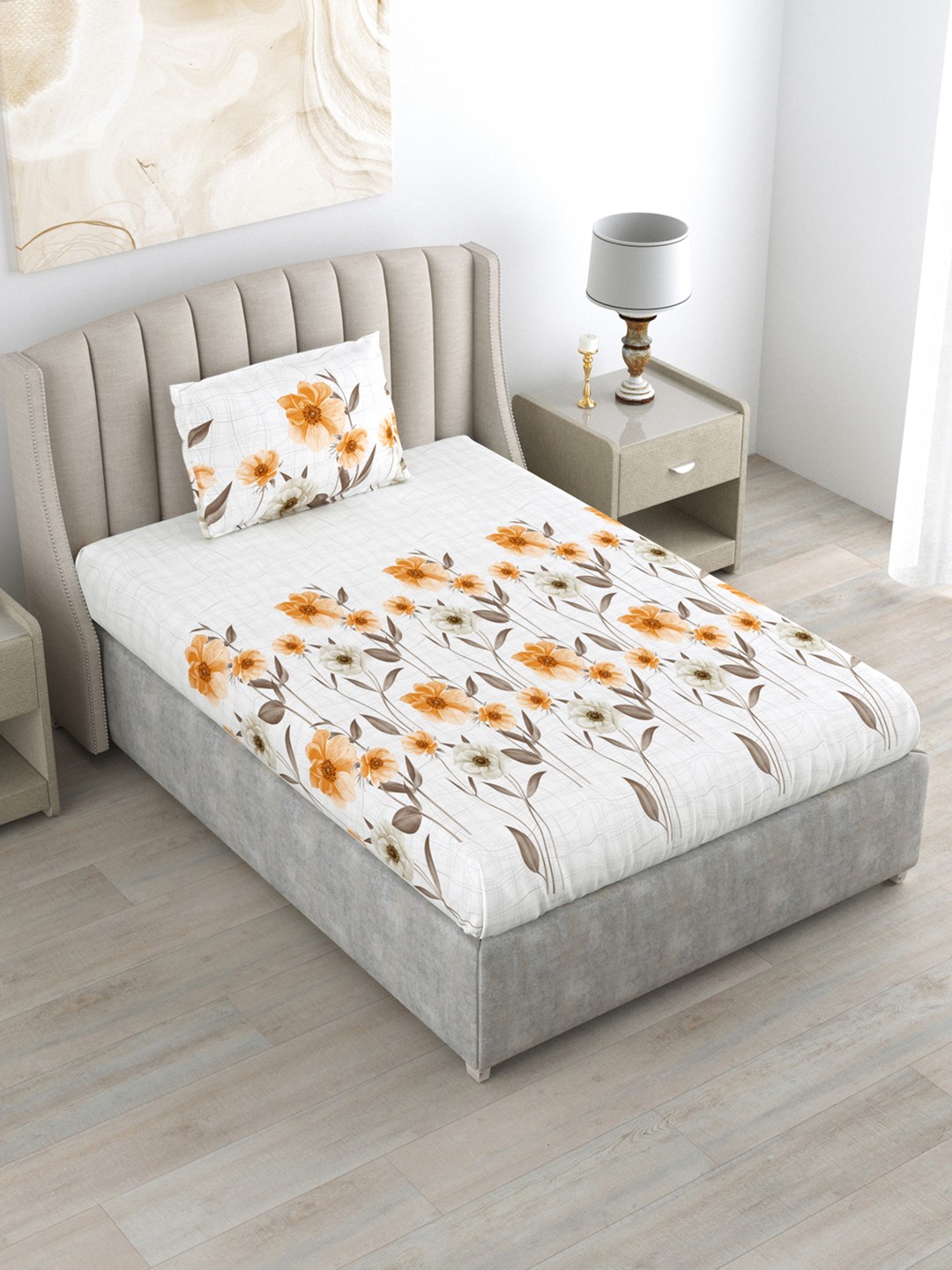 

DREAM WEAVERZ White & Mustard Yellow 220 TC Cotton Single Bedsheet with 1 Pillow Cover