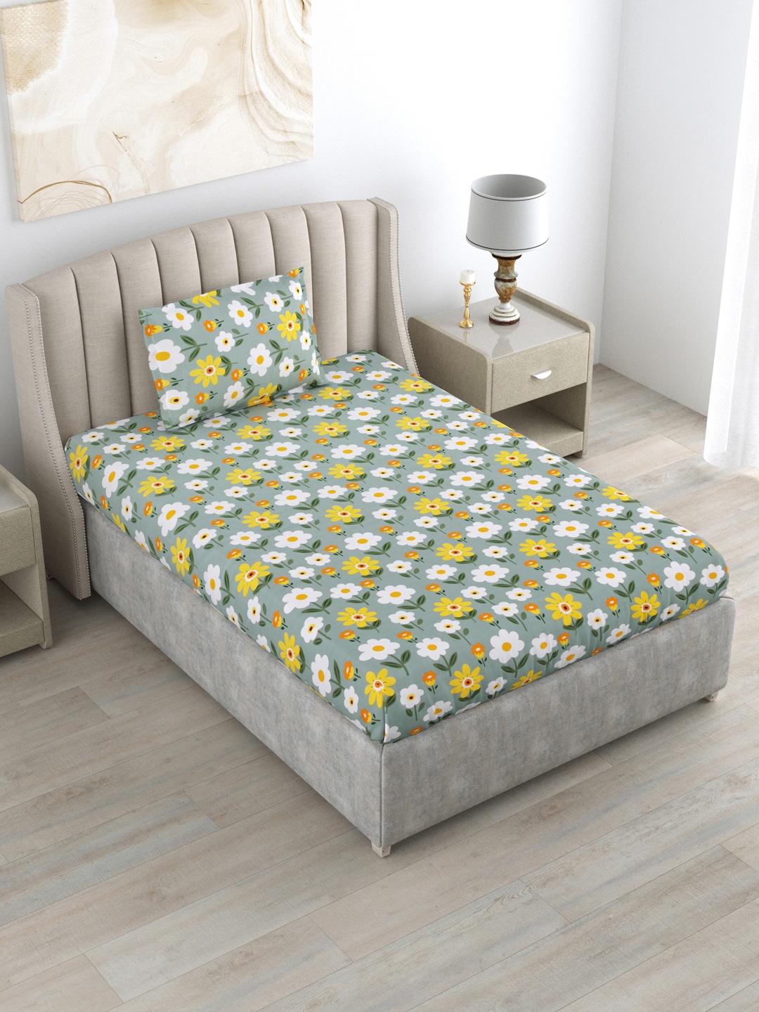 

DREAM WEAVERZ Grey & Yellow 220 TC Floral Cotton Single Bedsheet with 1 Pillow Cover