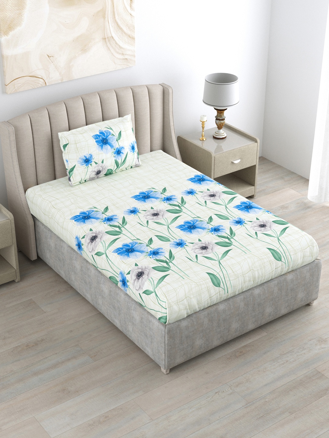 

DREAM WEAVERZ White & Blue Pure Cotton 220 TC Single Bedsheet with 1 Pillow Covers