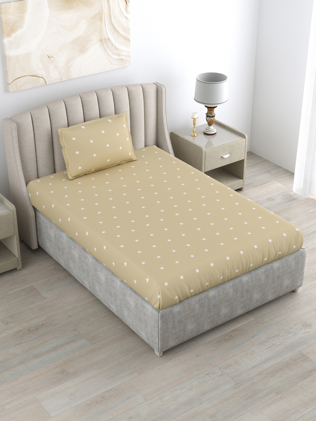 

DREAM WEAVERZ Beige 220 TC Pure Cotton Single Bedsheet with 1 Pillow Cover