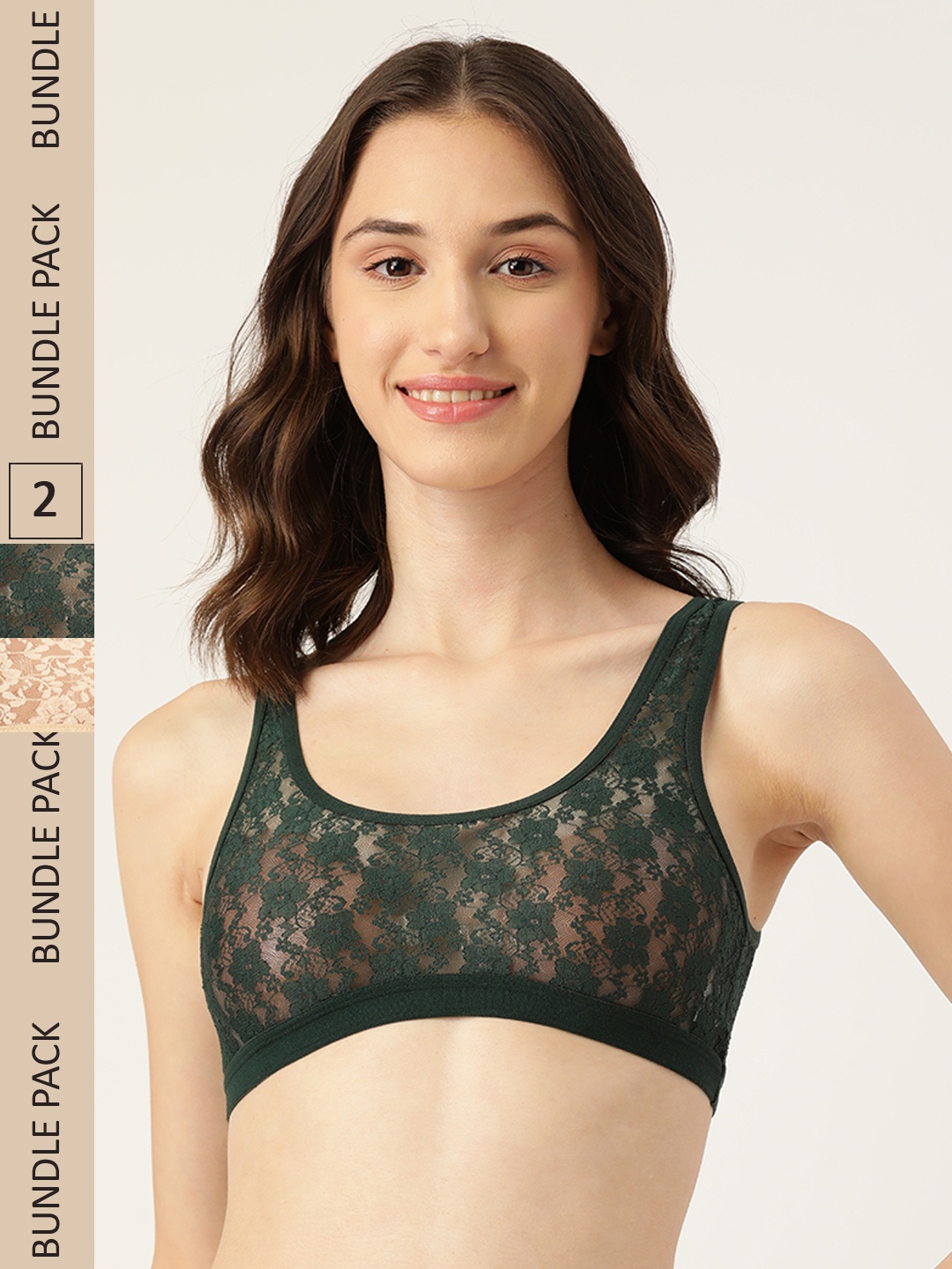 

DressBerry Pack Of 2 Lace Floral All Day Comfort Bralette Bra, Green