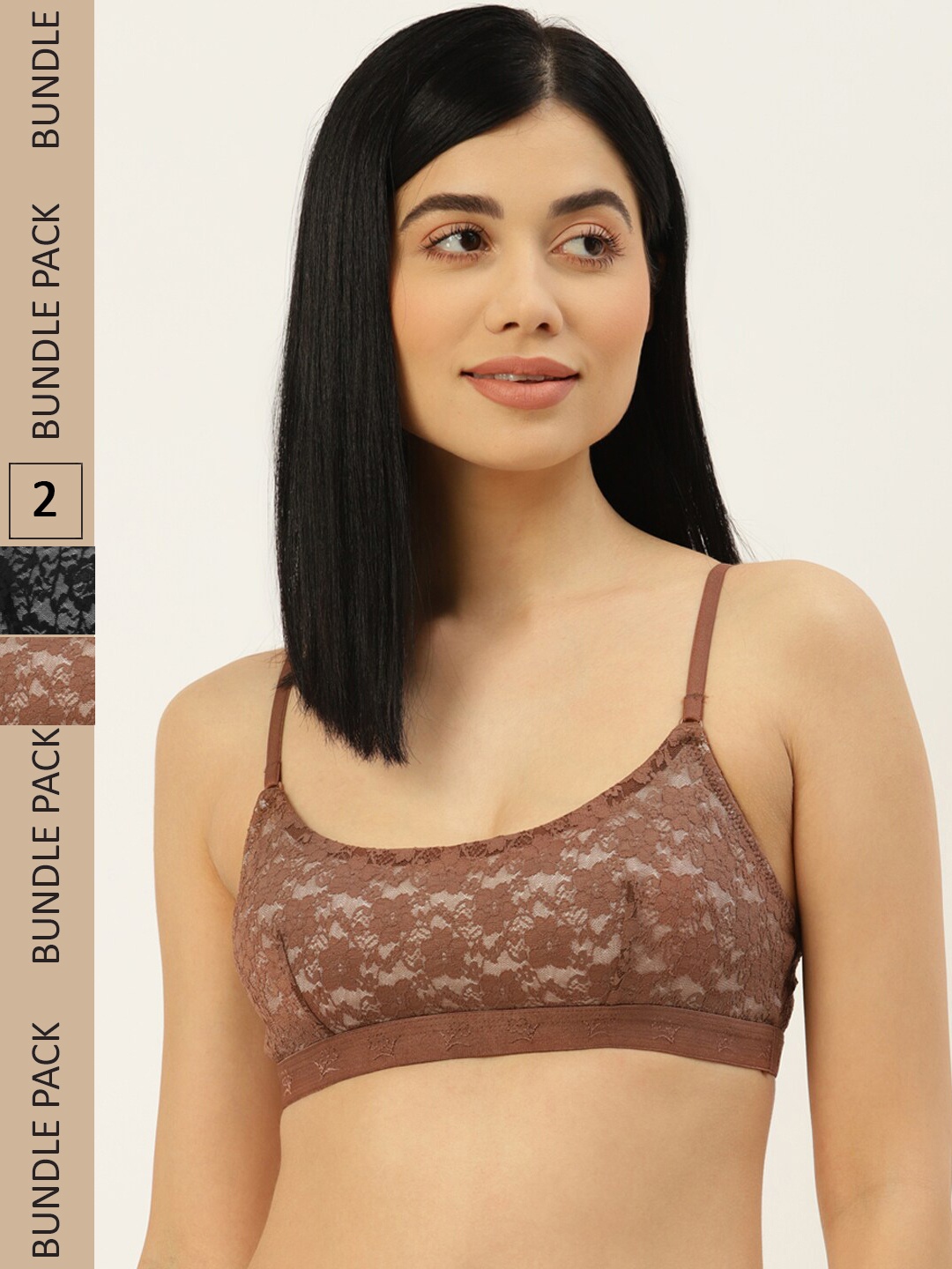 

DressBerry Pack Of 2 Floral Non Padded Non Wired Bralette Lace Bra, Black