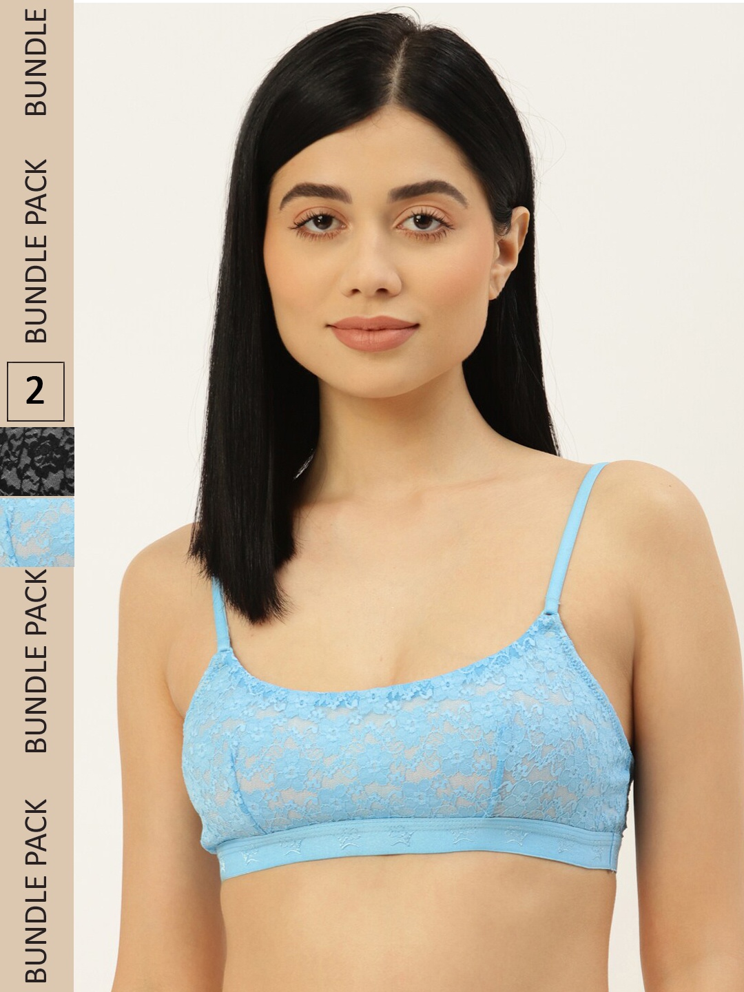 

DressBerry Pack Of 2 Floral Non Padded Non Wired Bralette Lace Bra, Blue