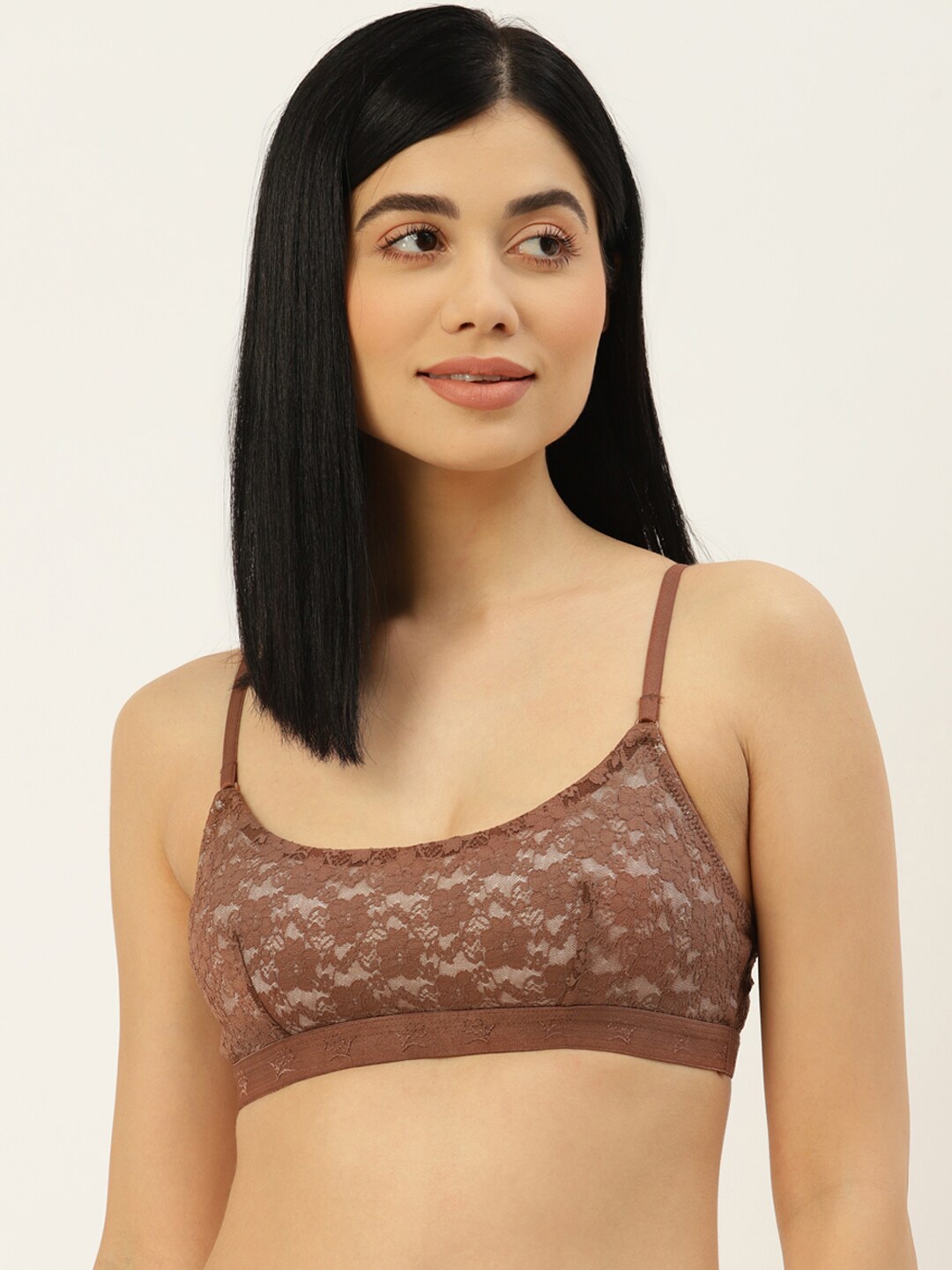 

DressBerry Floral Non Padded Non Wired Bralette Lace Bra, Brown