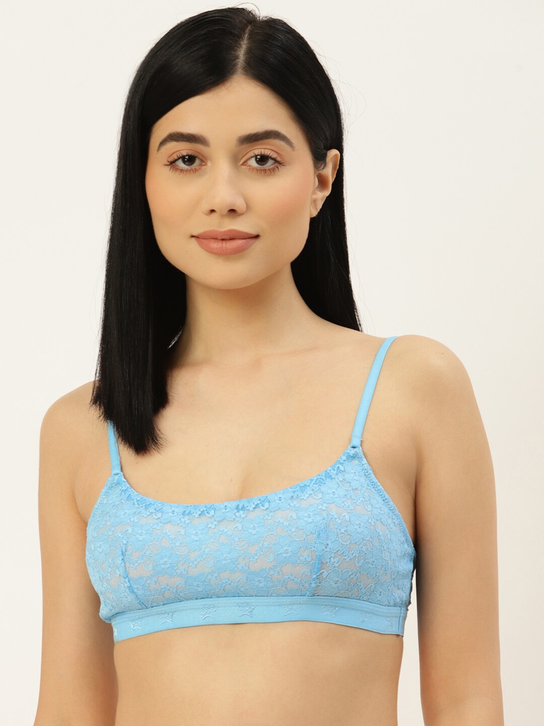 

DressBerry Floral Non Padded Non Wired Bralette Lace Bra, Blue