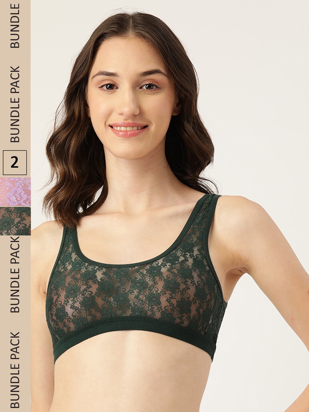 

DressBerry Pack Of 2 Floral Non Padded Non Wired Bralette Lace Bra, Green
