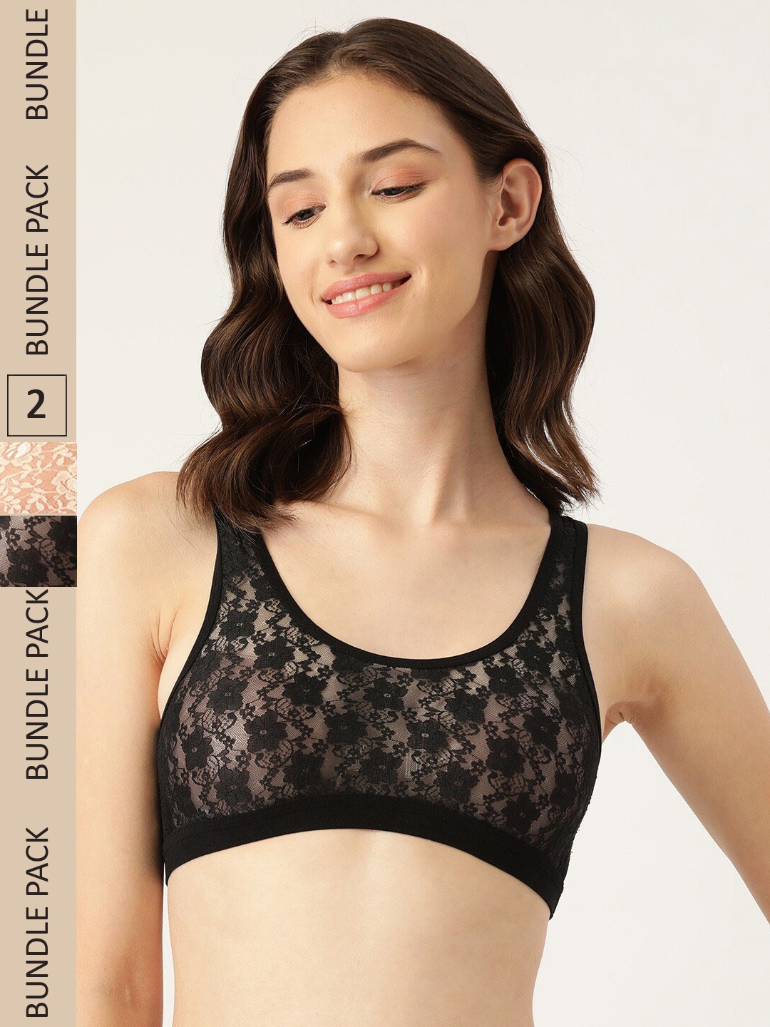

DressBerry Pack Of 2 Floral Non Padded Non Wired Bralette Lace Bra, Black