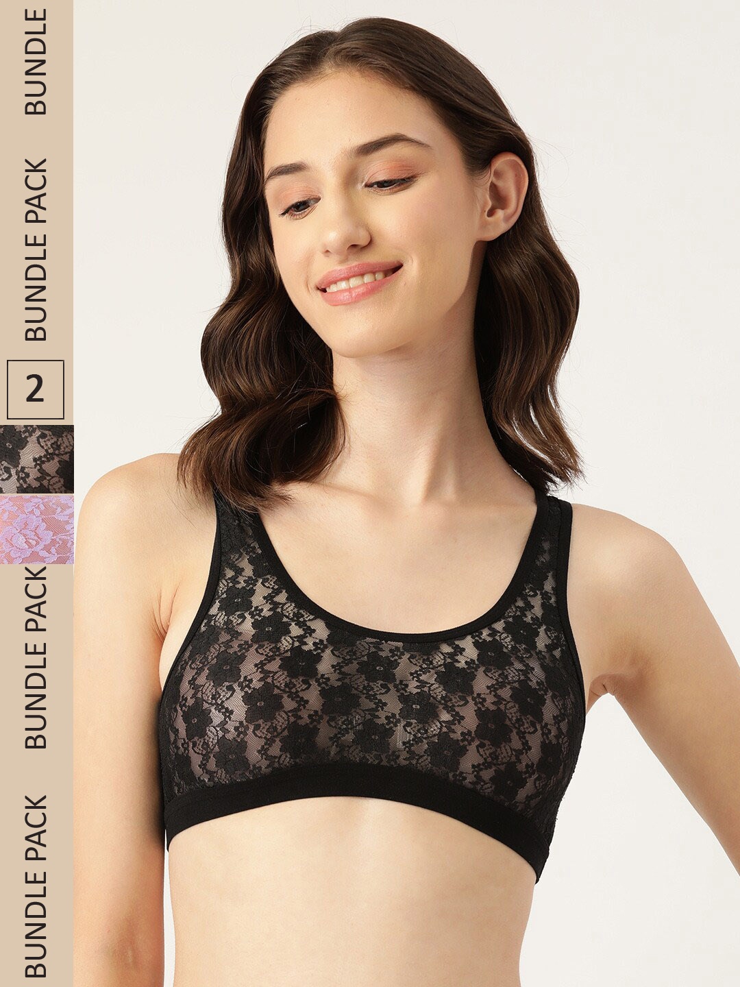 

DressBerry Pack Of 2 Floral Non Padded Non Wired Bralette Lace Bra, Black