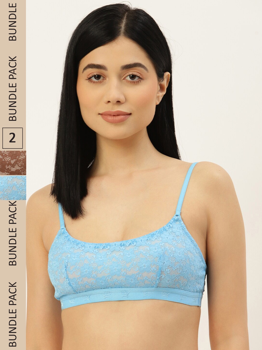 

DressBerry Pack Of 2 Floral Non Padded Non Wired Bralette Lace Bra, Blue