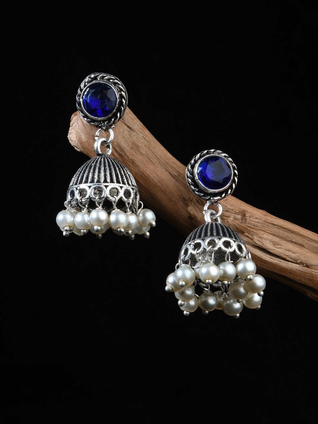 

Fida Silver Plated Dome Shaped Jhumkas Earrings, Navy blue