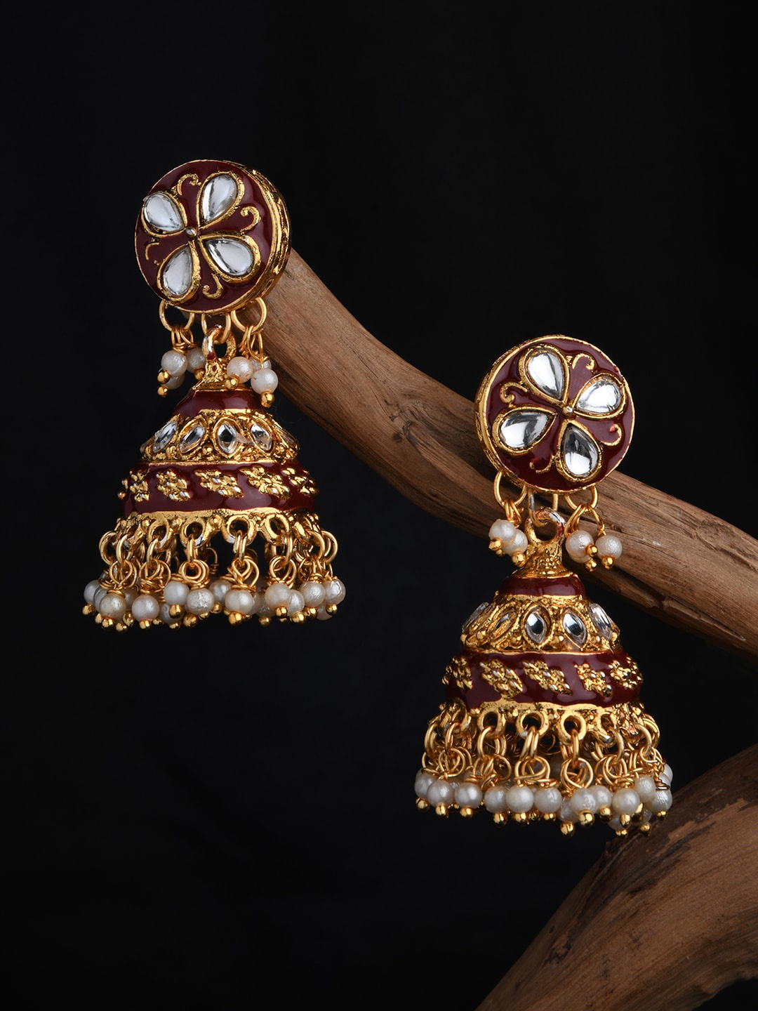 

Fida Women Gold Plated Dome Shaped Jhumkas Earrings, Maroon