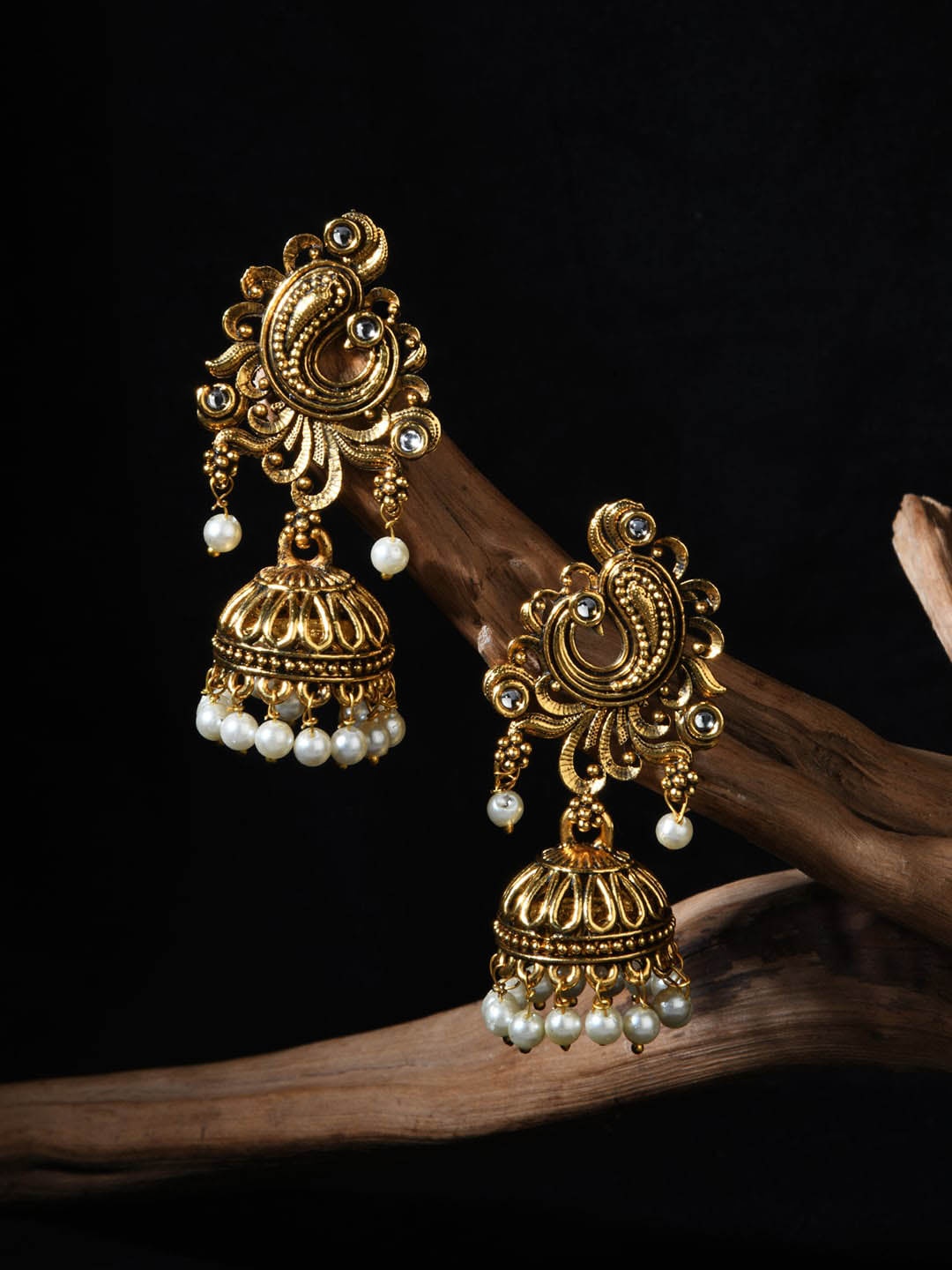 

Fida Women Gold Plated Peacock Shaped Jhumkas Earrings, White