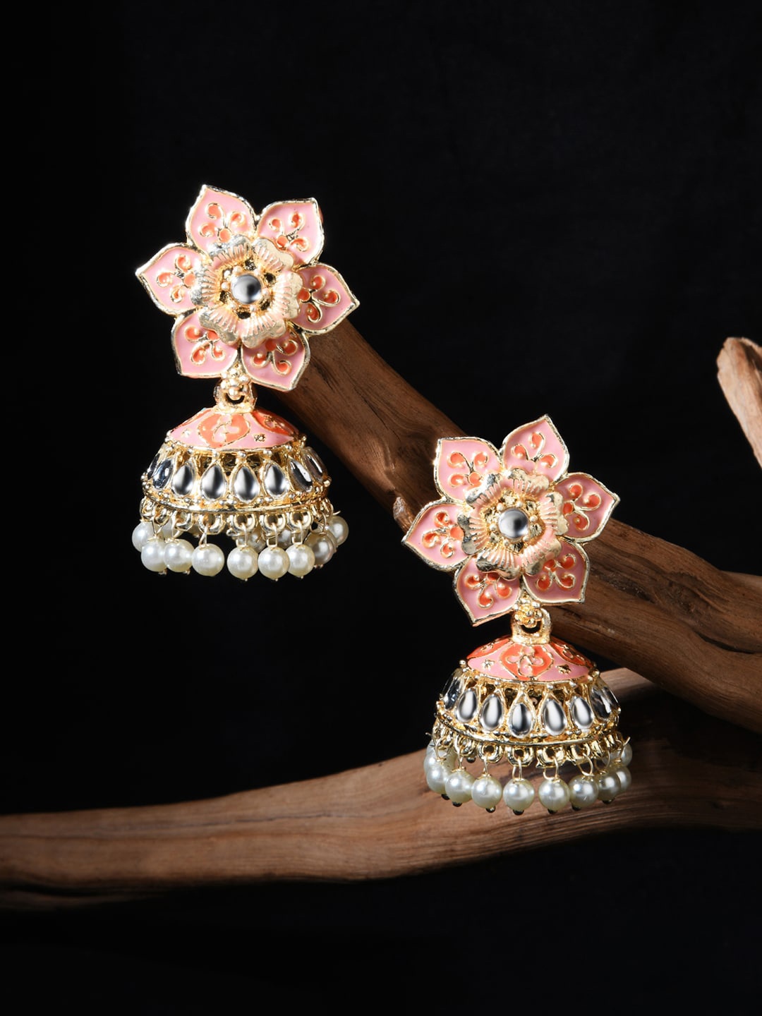 

Fida Gold Plated Floral Jhumkas Earrings, Pink