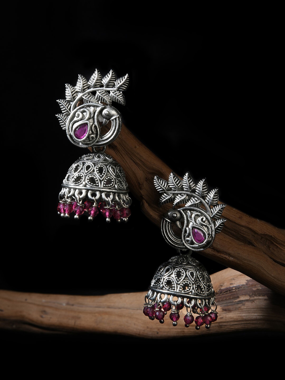 

Fida Peacock Shaped Jhumkas Earrings, Silver