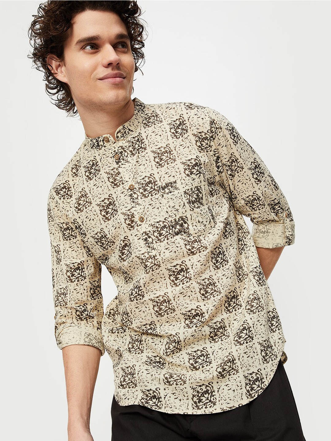 

max Men Beige & Brown Ethnic Motifs Printed Cotton Kurta