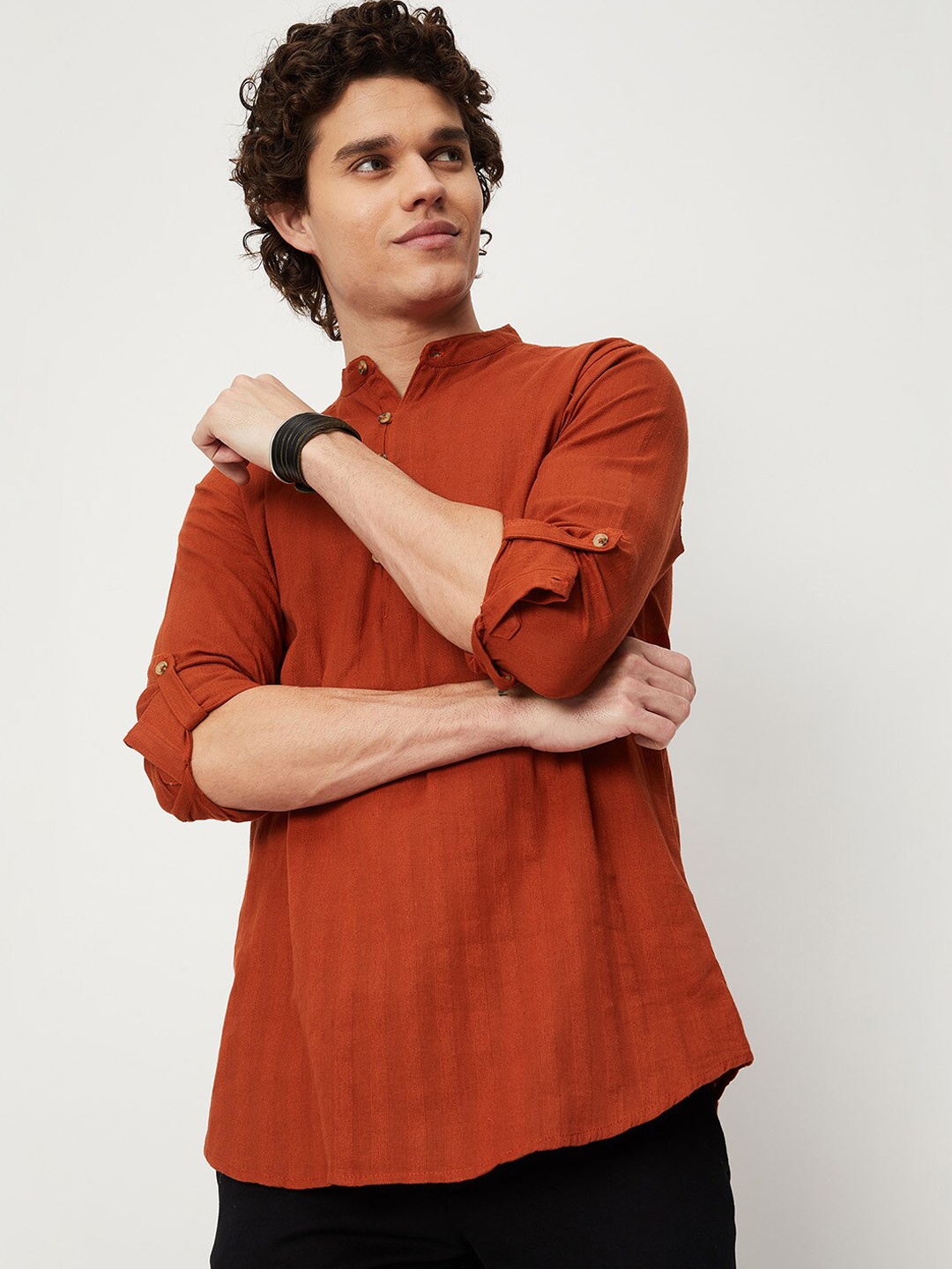 

max Men Cotton Mandarin Collar Kurta, Rust