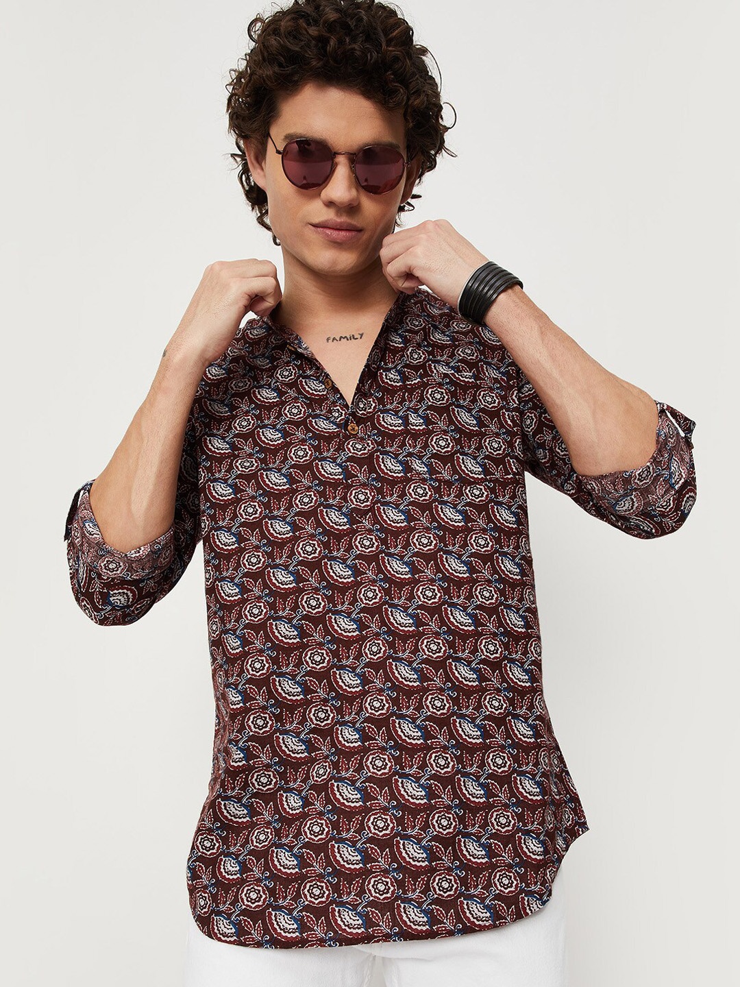 

max Floral Printed Cotton Kurta, Maroon