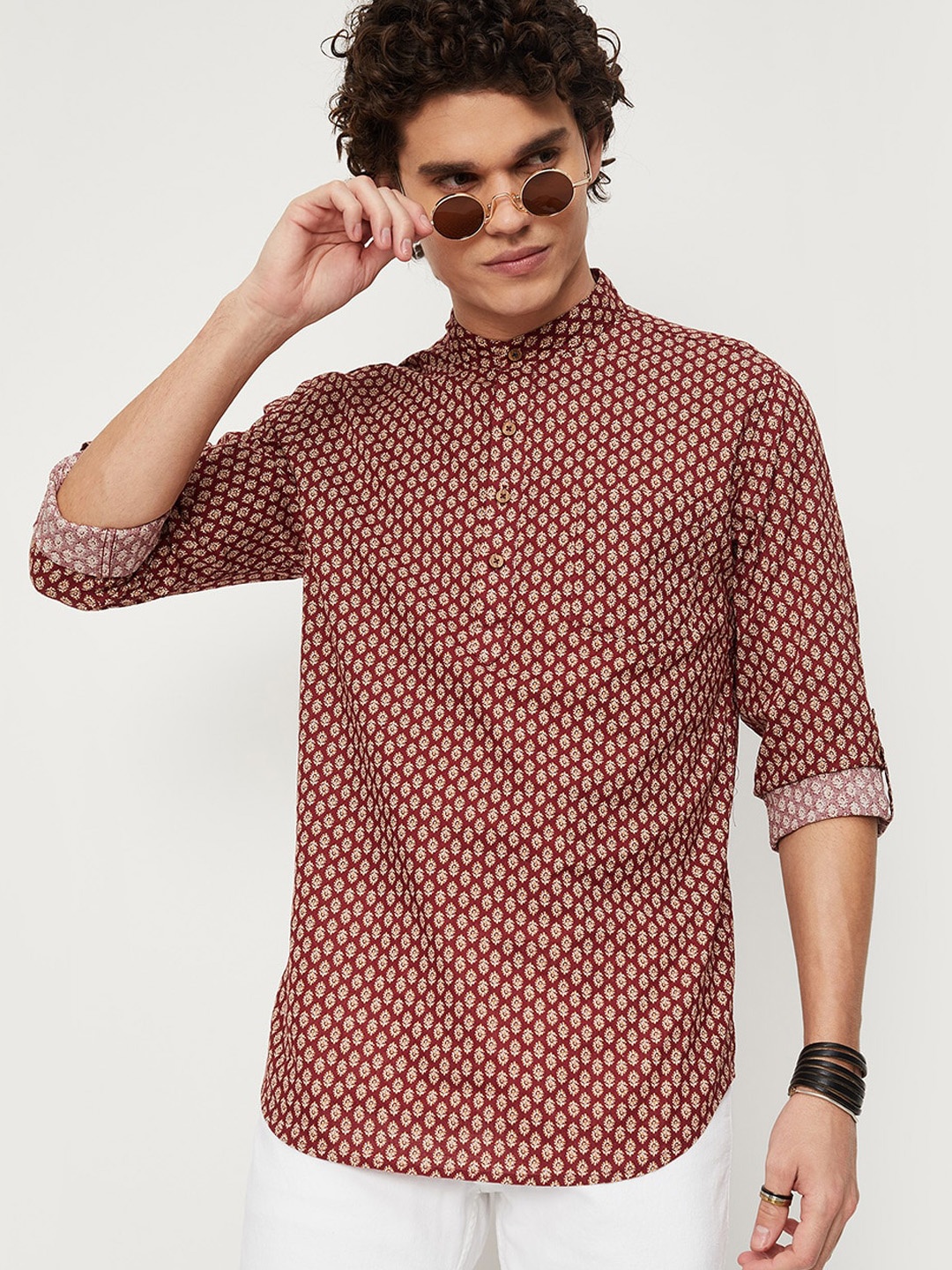 

max Men Cotton Floral Printed Kurta, Maroon