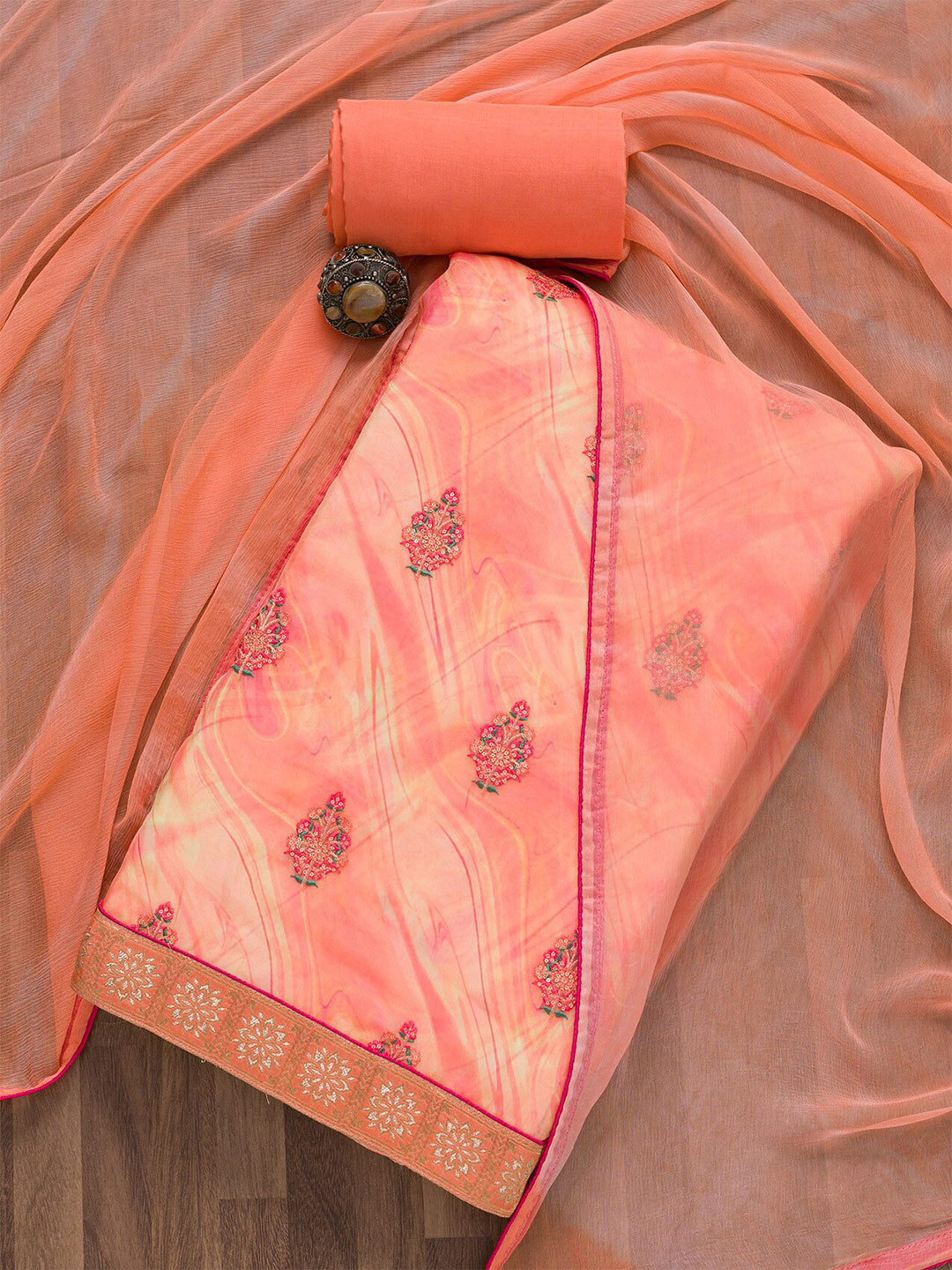 

Koskii Printed Semi-Stitched Dress Material, Peach