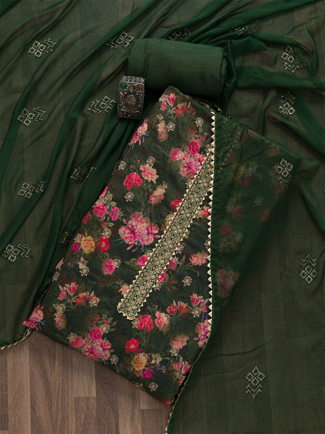 

Koskii Printed Art Silk Unstitched Dress Material, Green