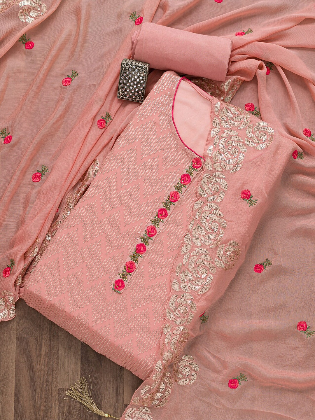 

Koskii Embellished Semi-Stitched Dress Material, Pink