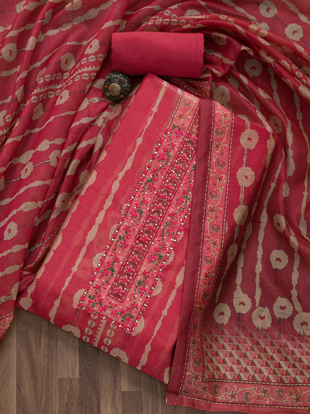 

Koskii Printed Art Silk Semi-Stitched Dress Material, Pink