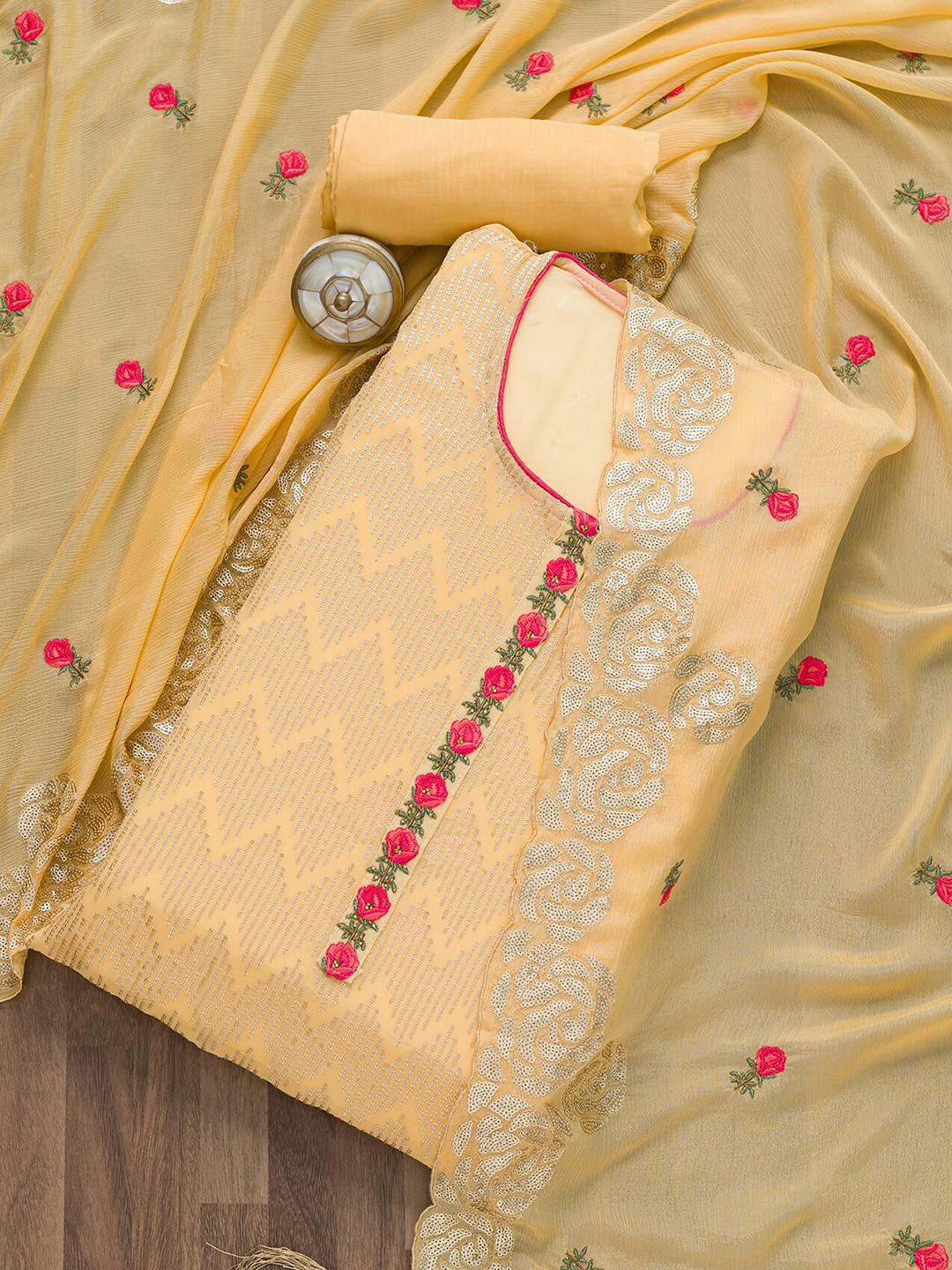 

Koskii Embellished Semi-Stitched Dress Material, Yellow