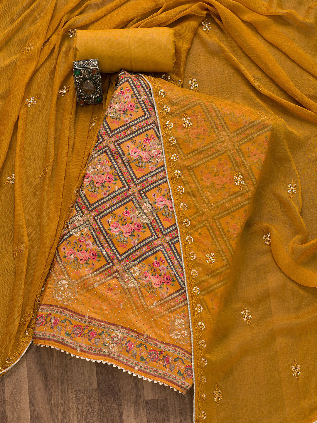 

Koskii Printed Art Silk Unstitched Dress Material, Mustard