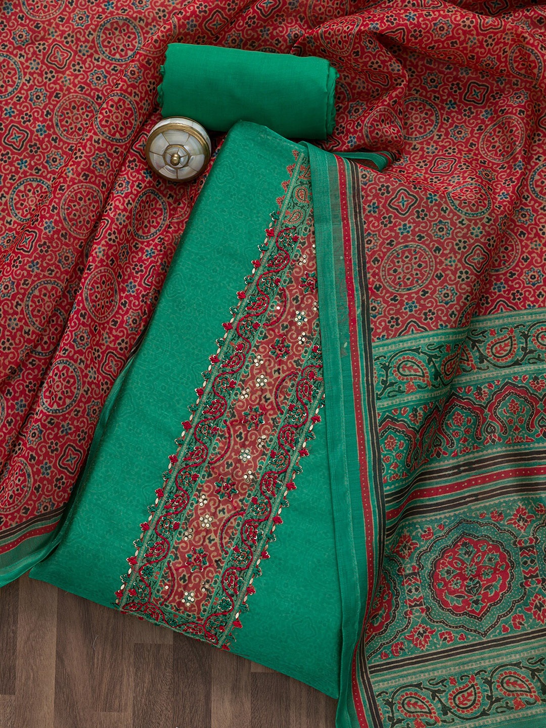 

Koskii Printed Art Silk Semi-Stitched Dress Material, Green